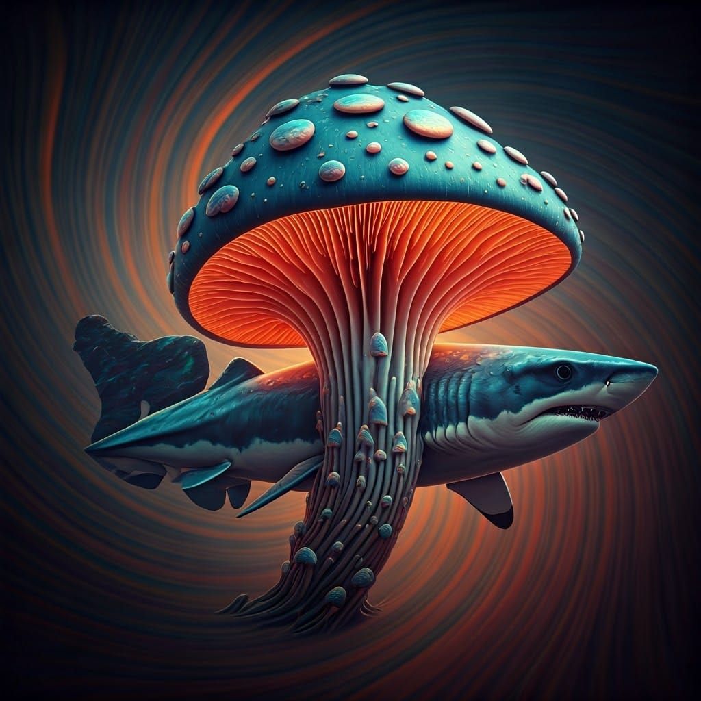 Surreal Shark-Mushroom Hybrid in Vibrant, Dreamlike Landscap...