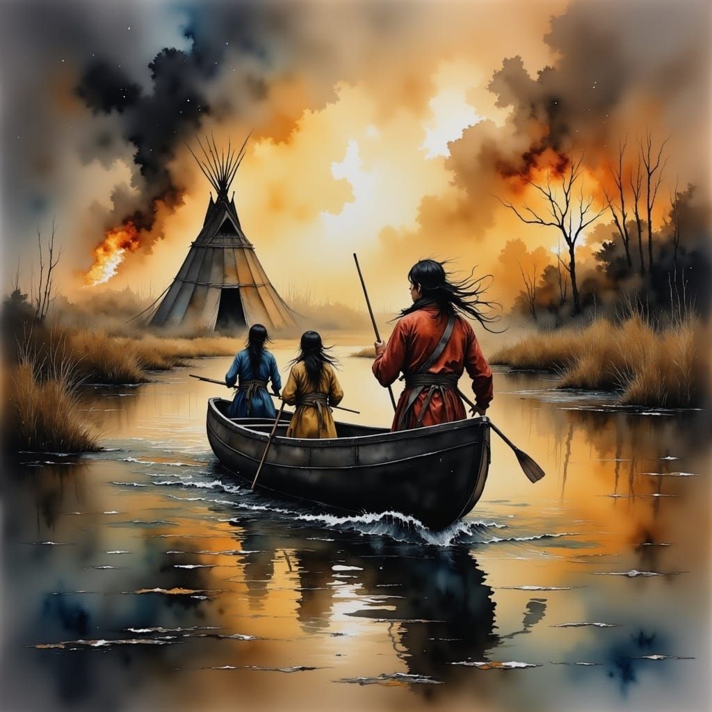 Native American Family Escapes Down River in a Canoe