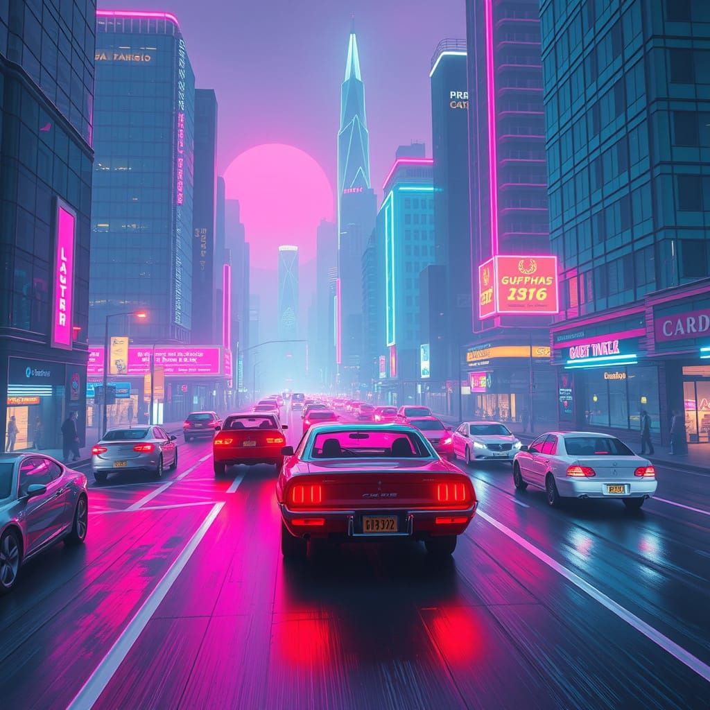 Neon Hovercars in Retro Synthwave Cityscape