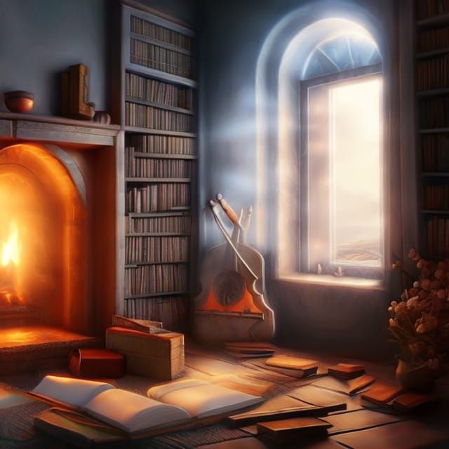 Heavenly View from Cozy Room in Storybook Style