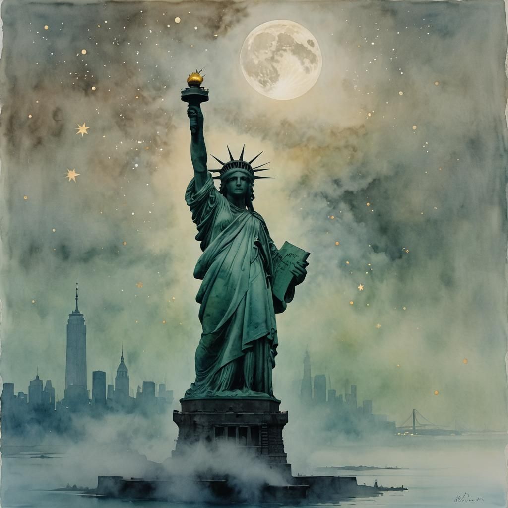 Statue of Liberty in Fog: Abstract Watercolor