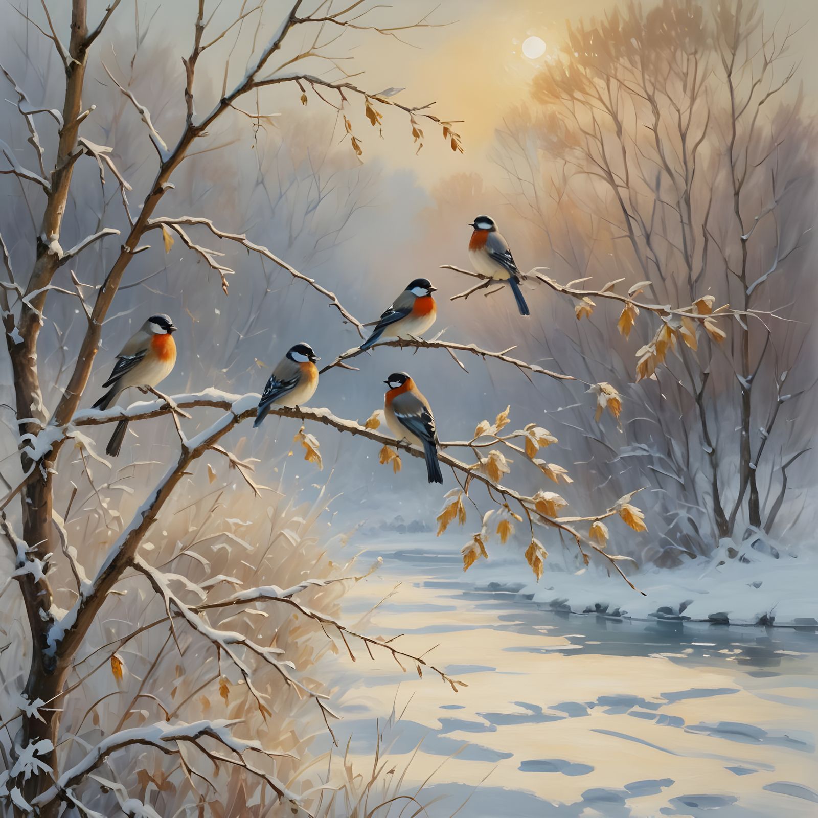 Golden Light on Snowy Branch in Impressionist Style