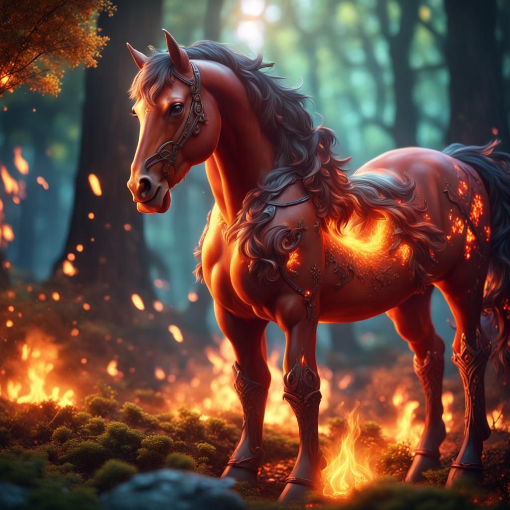 Enchanting Fire Horse in Magical Forest
