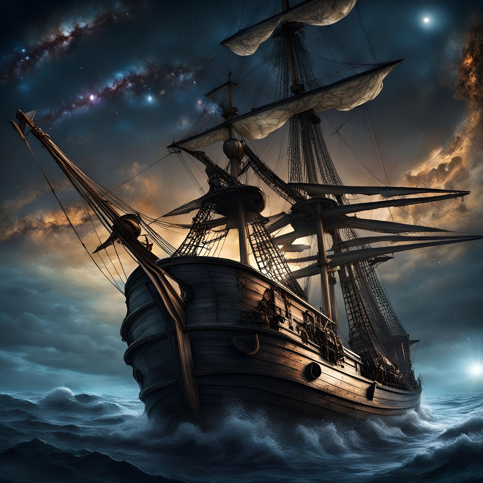 Pirate Ship Sailing Cosmic Ocean, Detailed Matte Painting