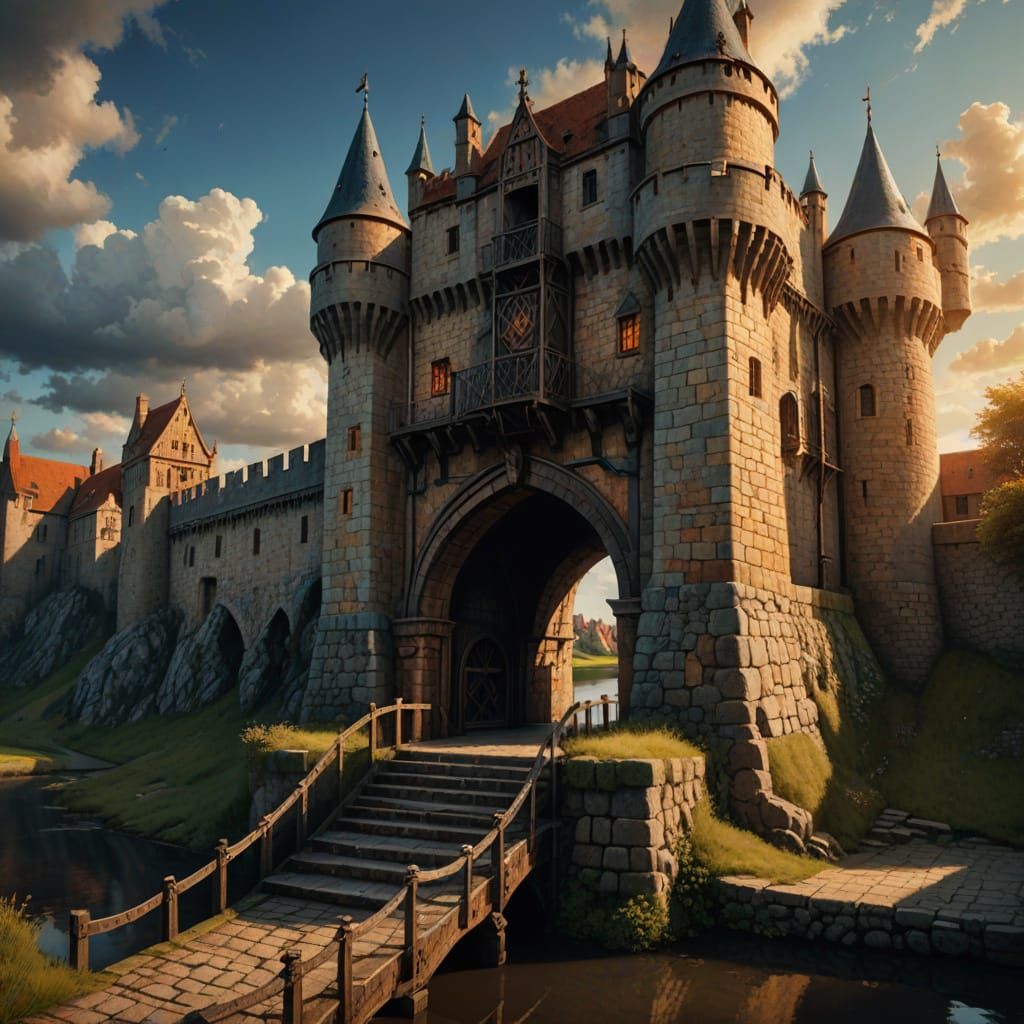 Medieval Castle Entrance with Lowering Drawbridge