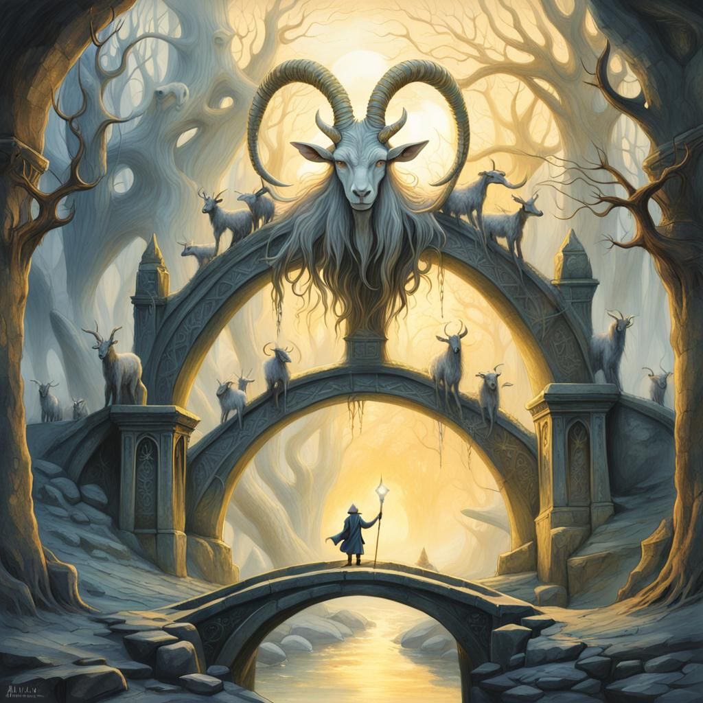 Mystical Goat Figure on Ancient Stone Bridge