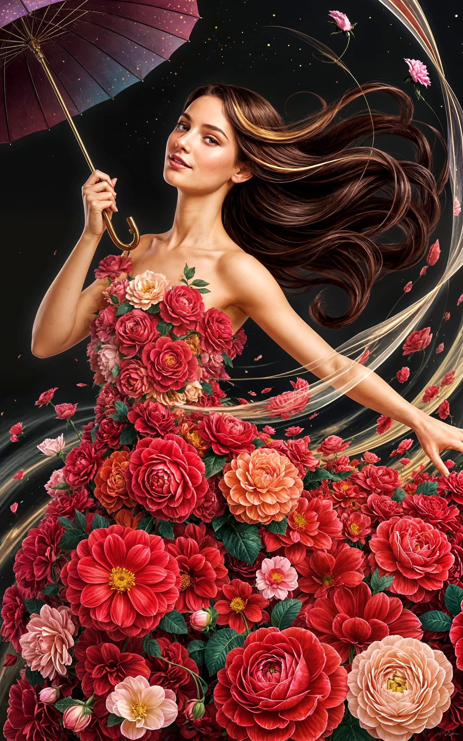 Woman in Floral Gown Ascending, a Digital Painting