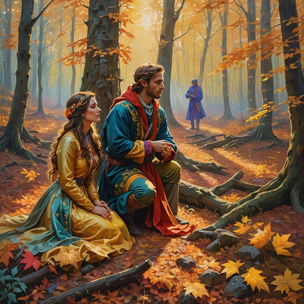 Fantasy Couple Praising Autumn Trees: Oil Painting