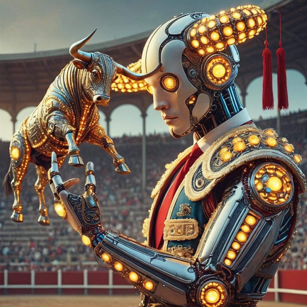 Surrealist Bullfight Robot in a Vibrant Spanish Plaza
