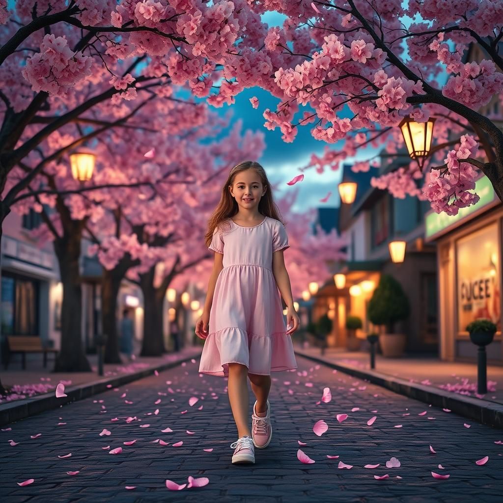 Girl in Cherry Blossom Fantasy Town