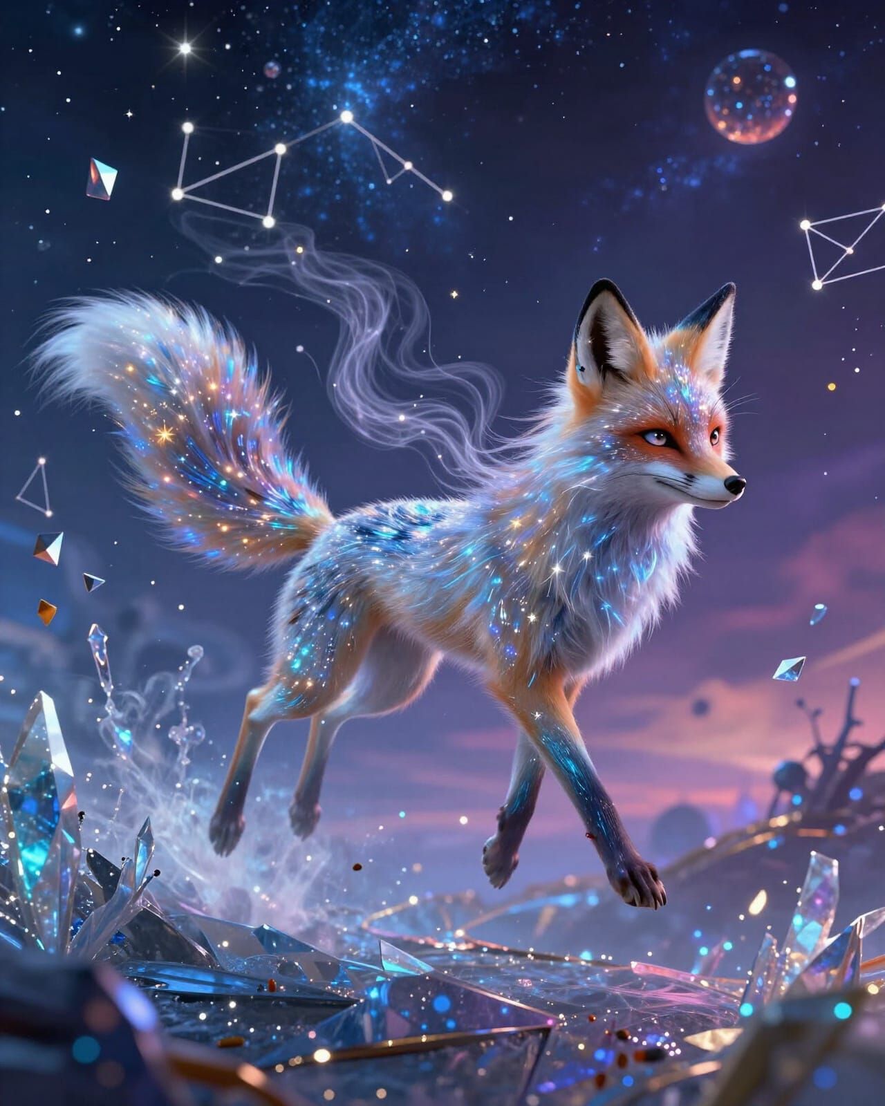 Spectral Kitsune Leaping Across Starlit Crystalline Plain