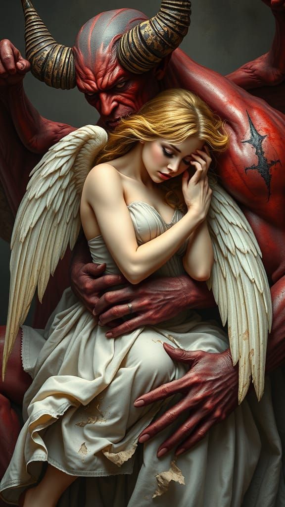 Chiseled Demon Holds Tattered Angel in Tender Embrace