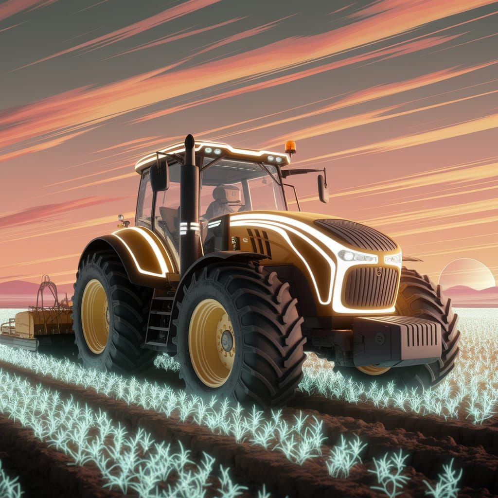 Interstellar Tractor Plows Alien Crop Field
