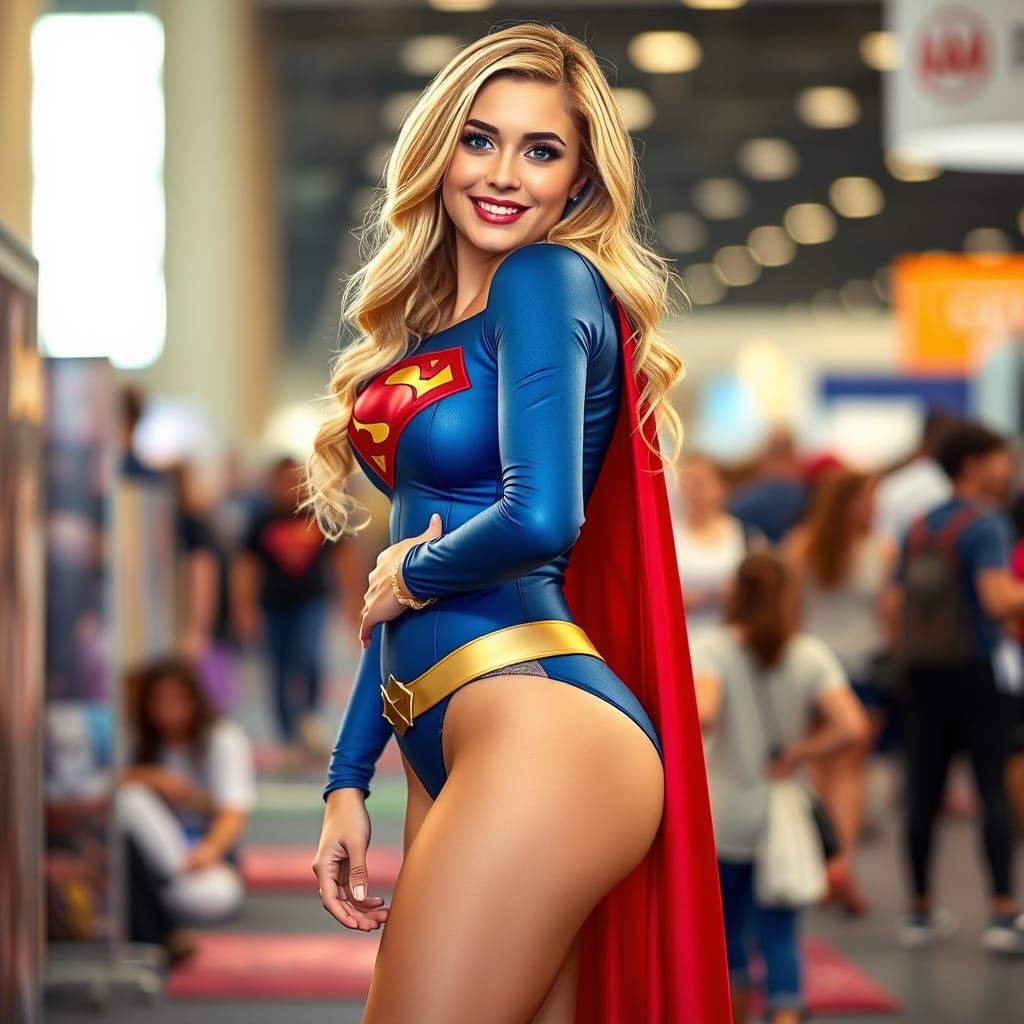 Curvy Blonde Cosplay Superhero in Vibrant Convention Scene