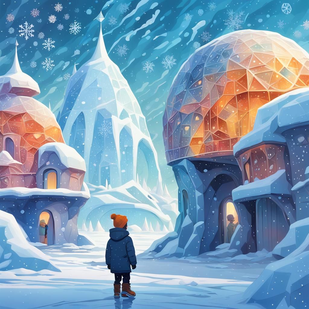 Boy in Snowy Landscape: Cubist Digital Art