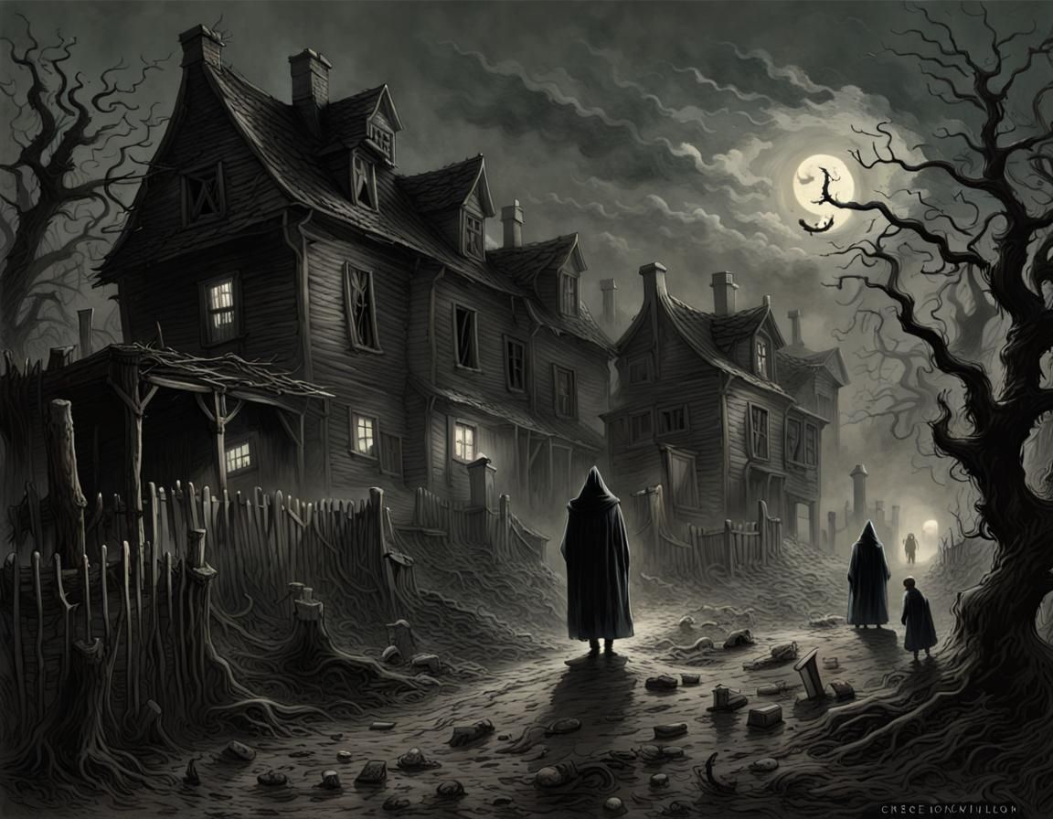 Eerie Haunted Village with Roaming Ghosts