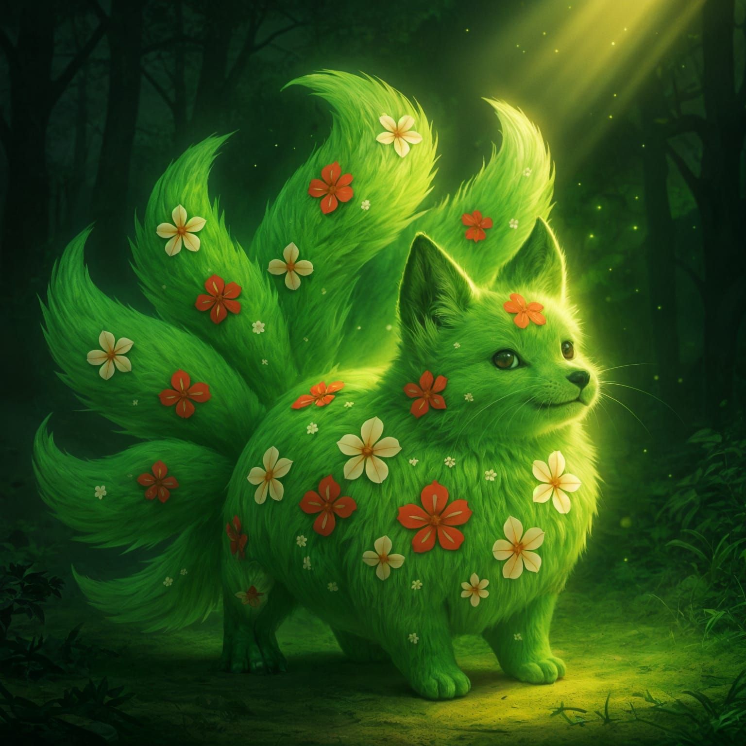 Radiant Forest Kitsune with Magical Aura