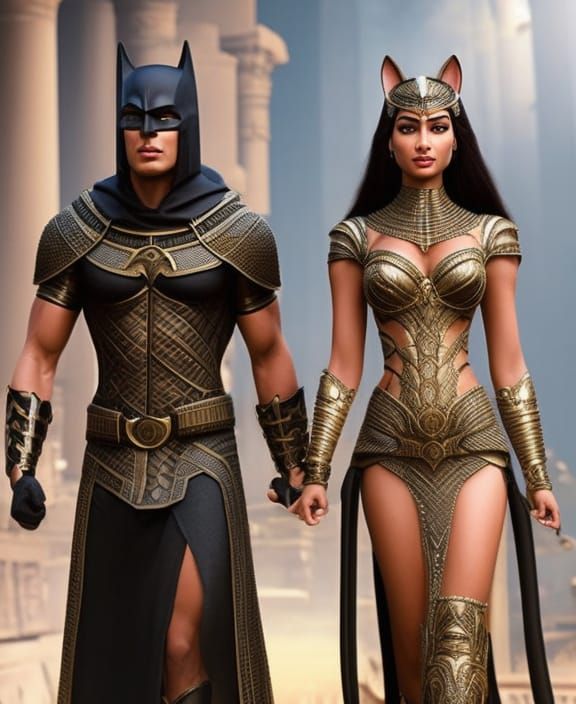 Cleopatra Catwoman and Anubis Batman in Ancient Cairo