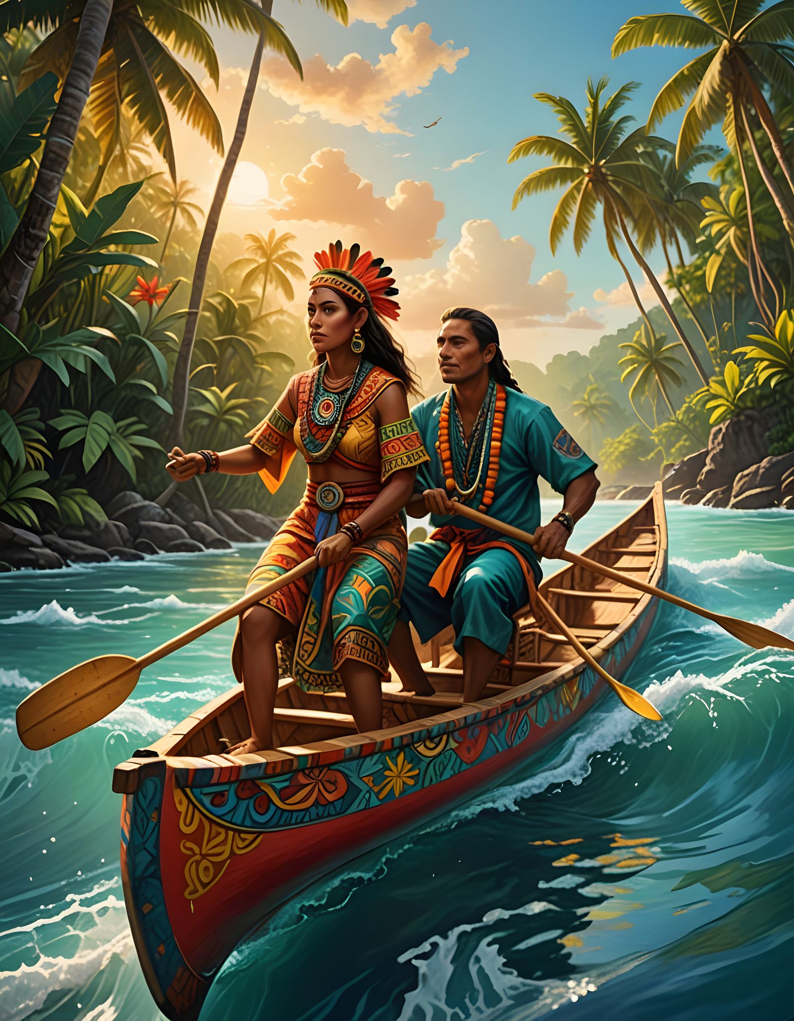 Taino Couple on Canoe in Tropical Ocean Scene