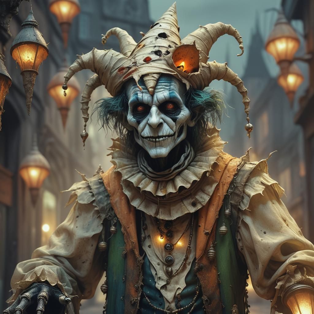 Eerie Jester with Maggots in Surreal Digital Art