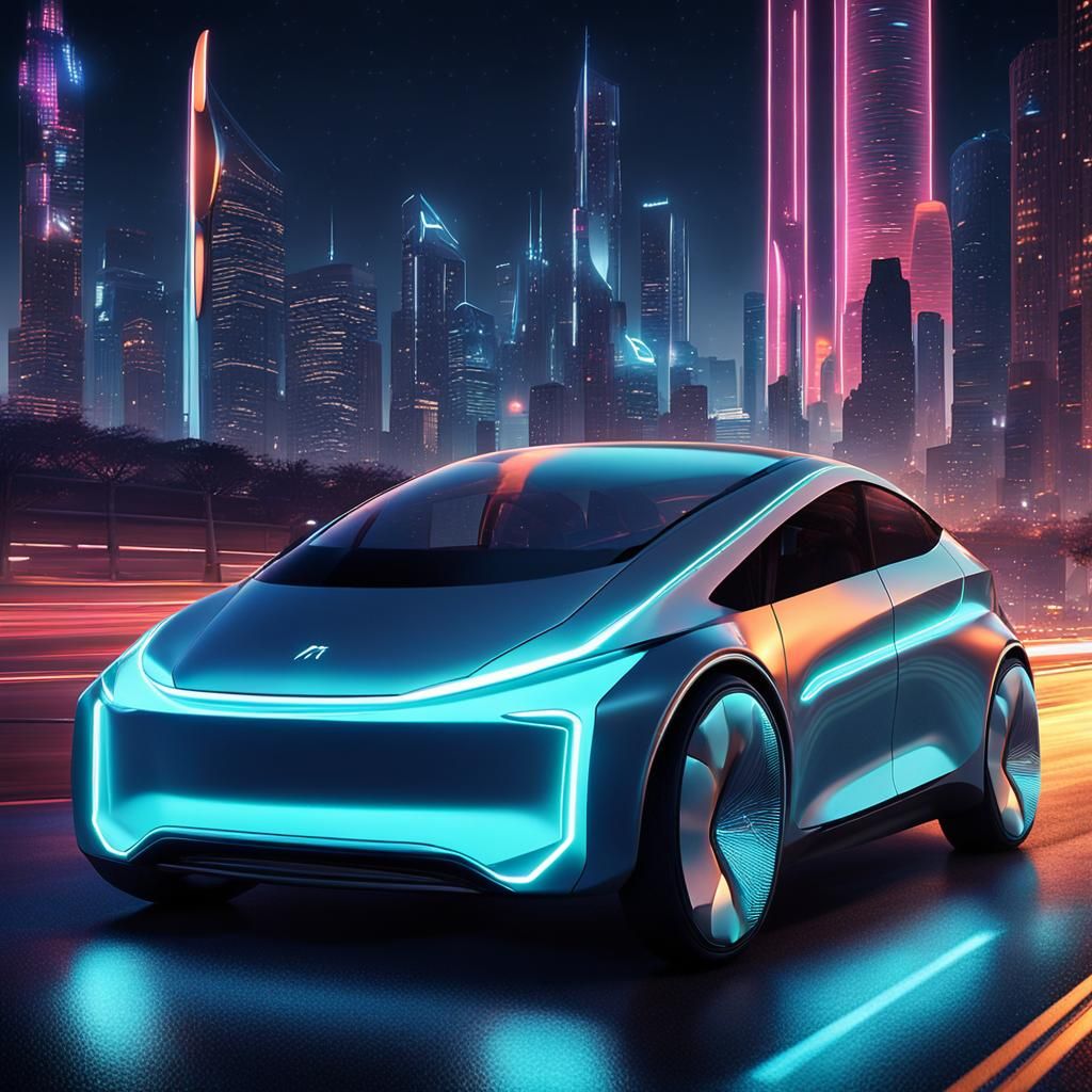 Futuristic Electric Car on Highway at Night