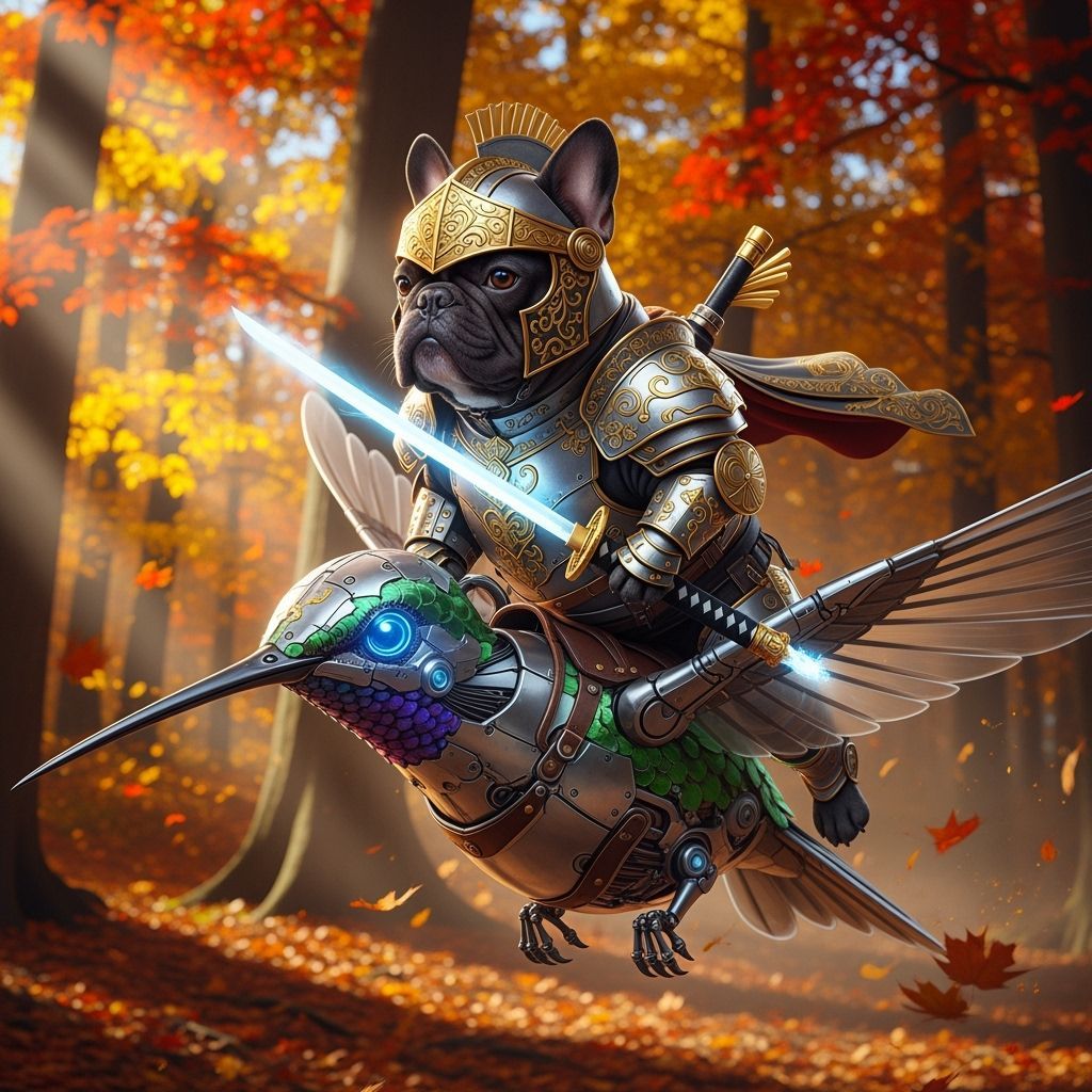 Armored Bulldog on Robotic Hummingbird in Autumn Forest