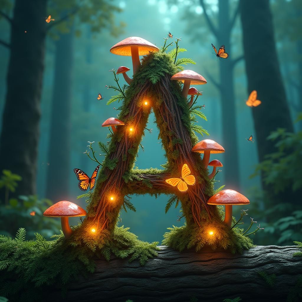 Ornate Letter A in Mystical Forest Scene