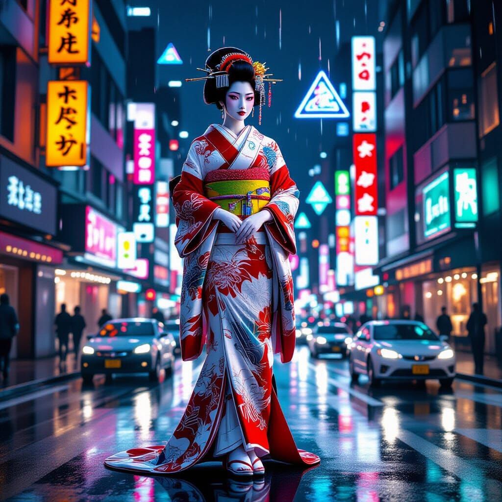 Cyberpunk Geisha in Rain-Slicked Tokyo Street