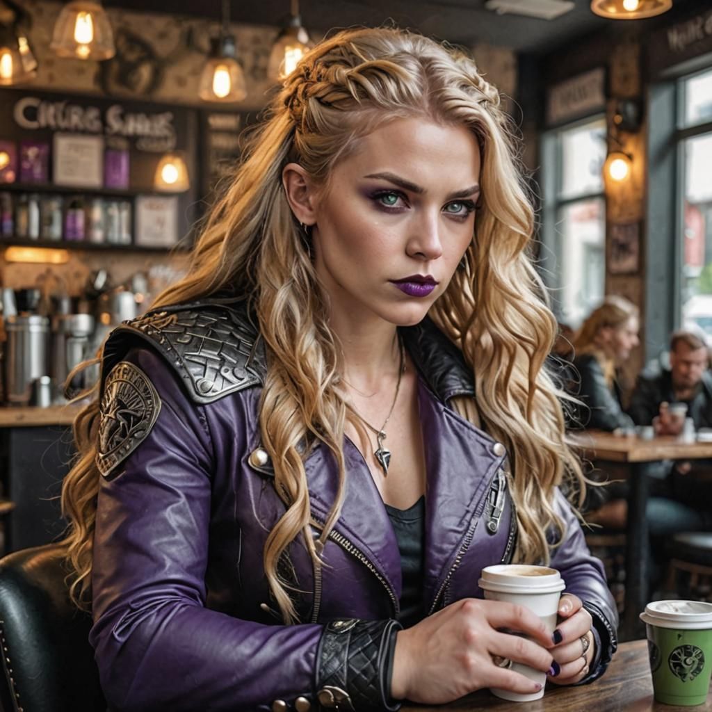 Viking Valkyrie in Biker Outfit Drinking Coffee