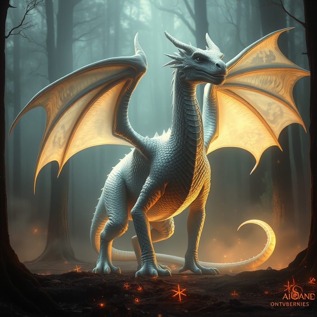 Mystical White Dragon in Enchanted Forest