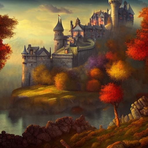 Autumn Castle Gate in Detailed Matte Painting Style