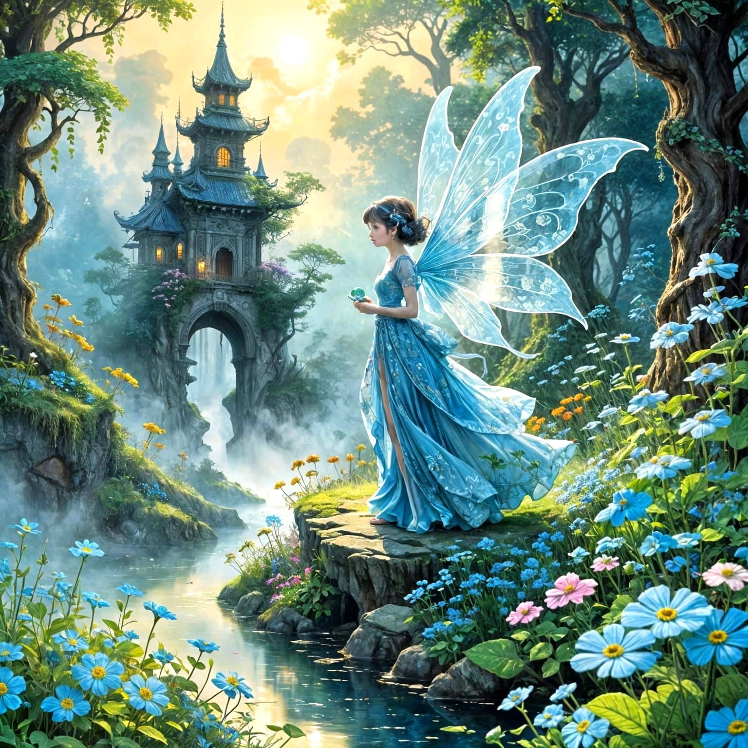 Cartoon Fairy in Lush Garden with Surreal Patterns