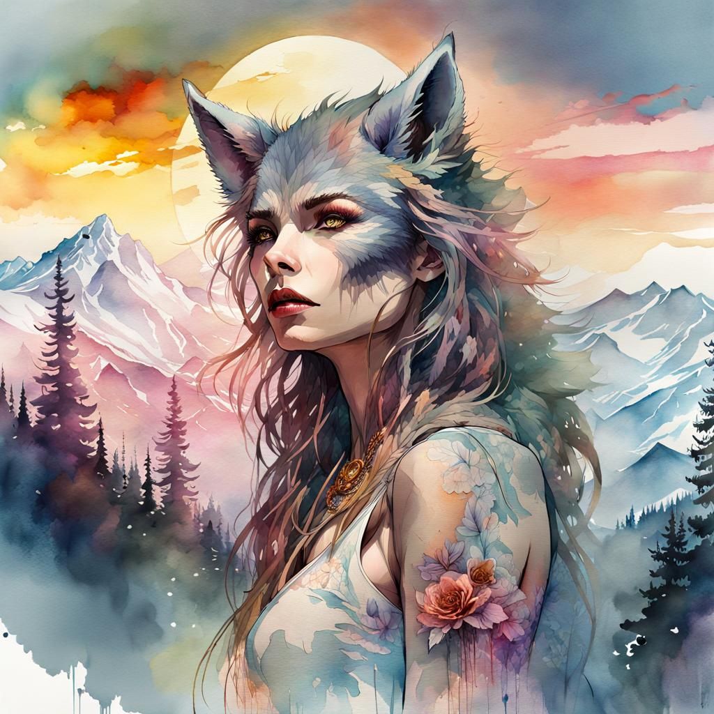 Watercolor Werewolf Woman in Mountain Sunset