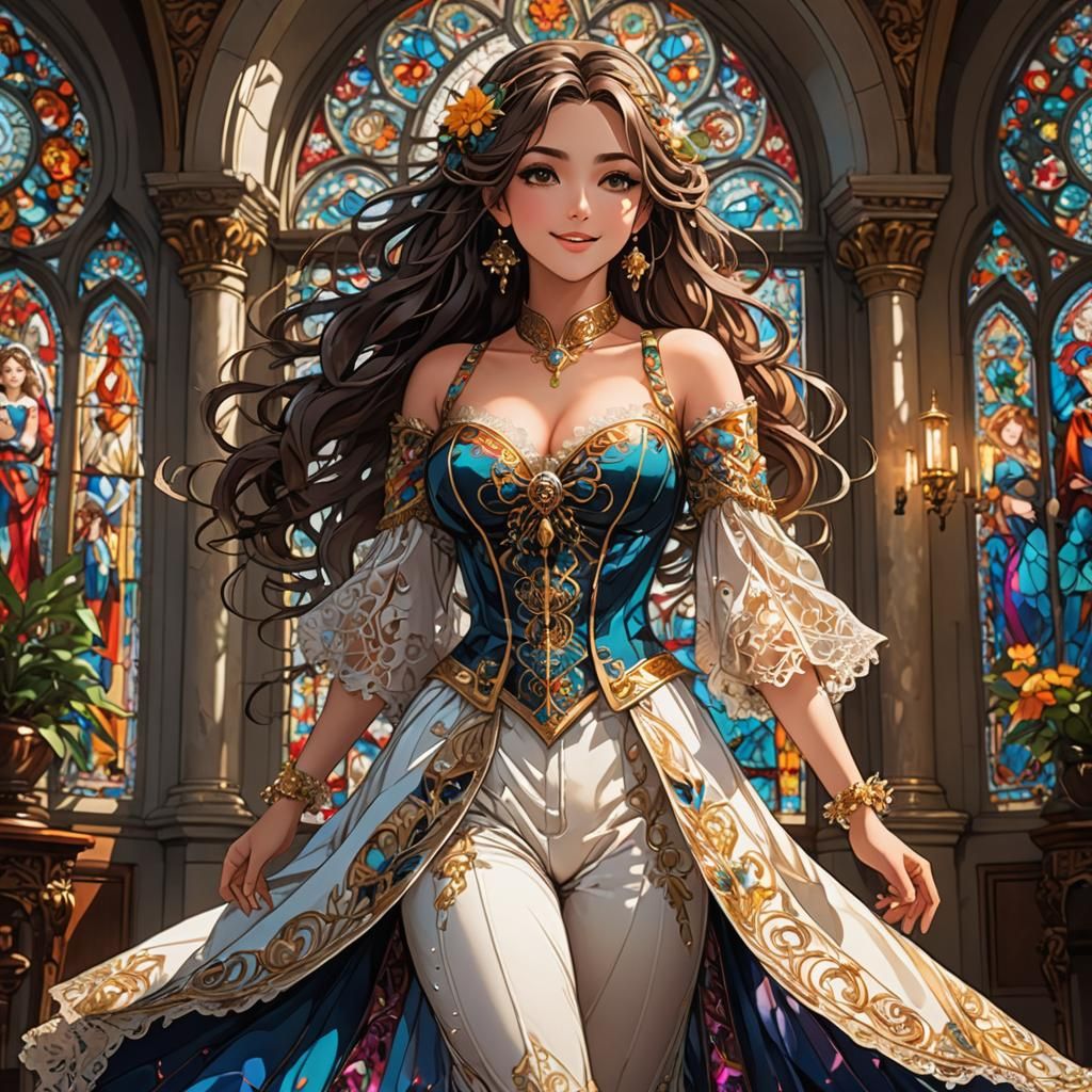 Gypsy Woman in Ornate Room, Manga-Style Illustration