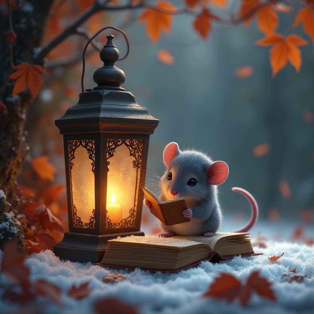 Enchanted Mouse in Lantern, Autumnal Wonderland