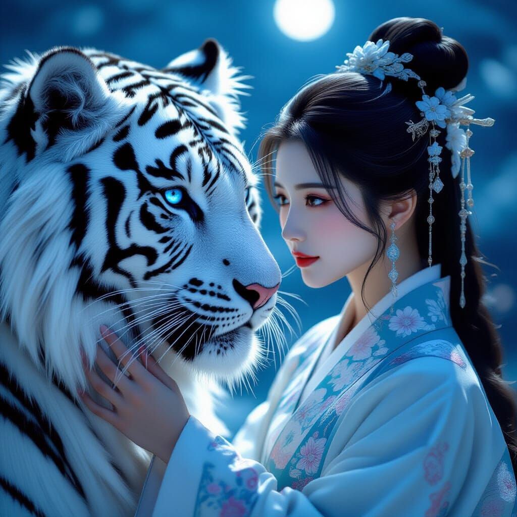 Girl and White Tiger Under Moonlight, Digital Art