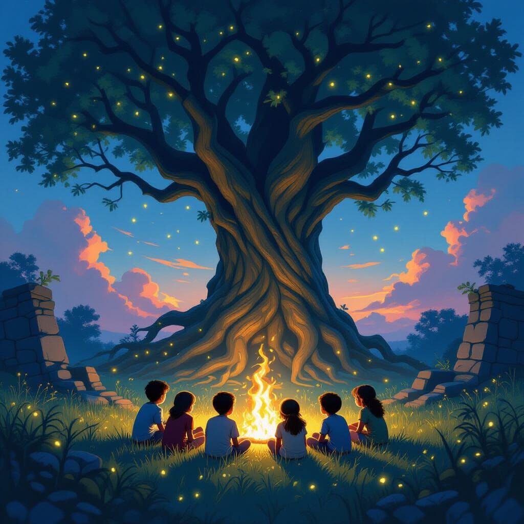 Children Gather for Tales in Enchanted Meadow