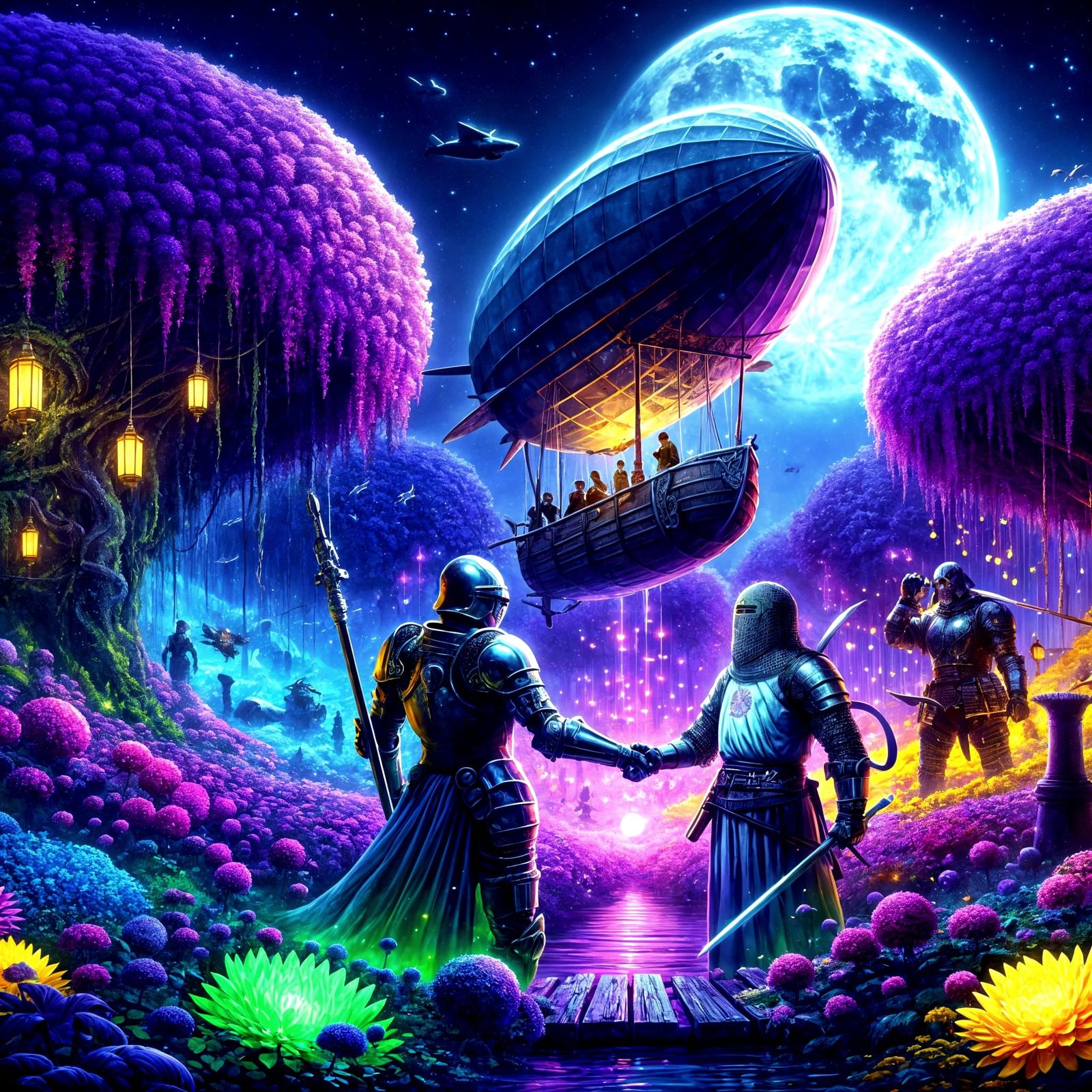 Retro-Futuristic Knights Meet Amidst Bioluminescent Garden i...