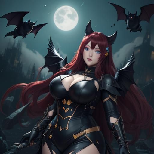 Anime Cat-Woman with Bat Wings in Magic Forest