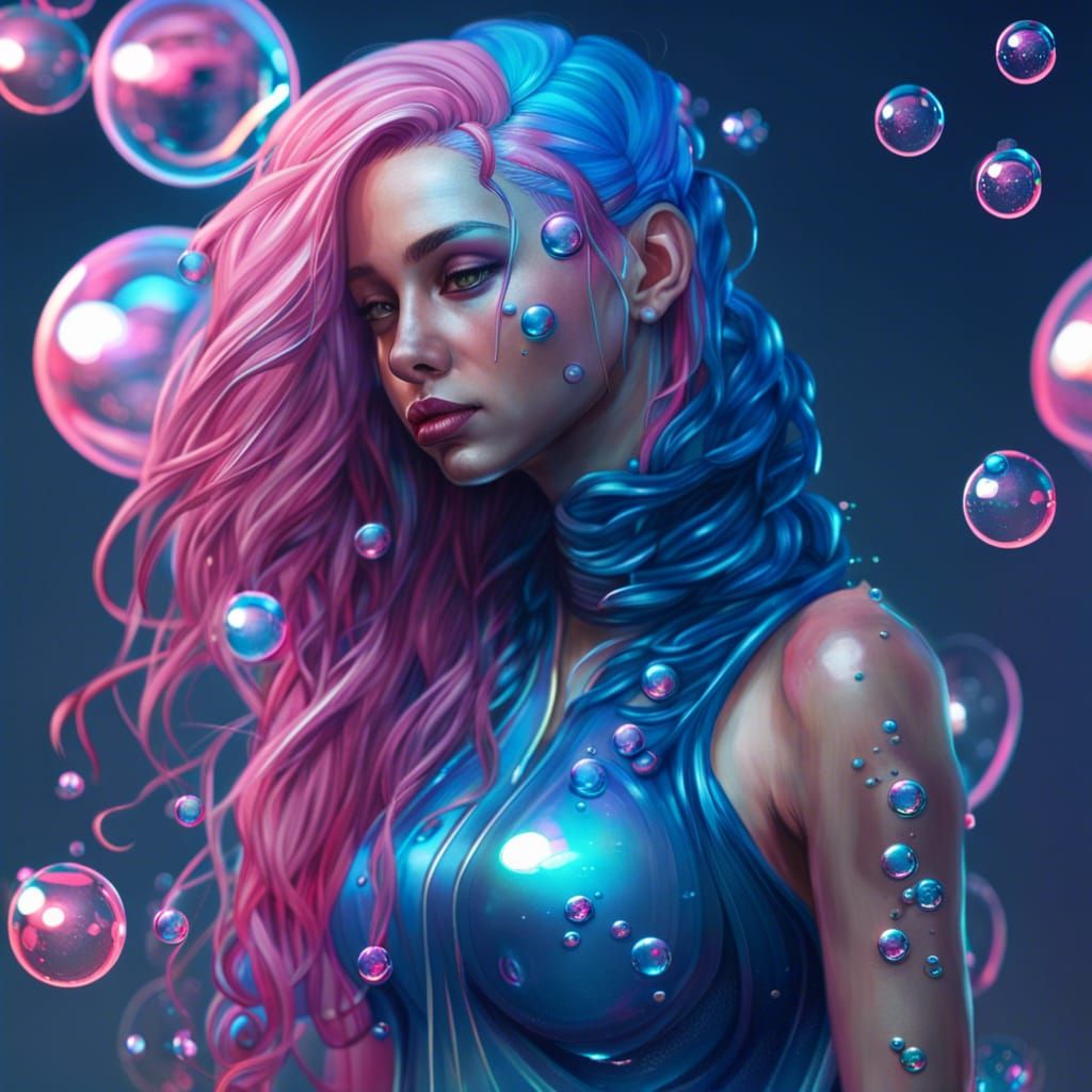 Cyberpunk Goddess with Blue-Pink Hair and Bubbles