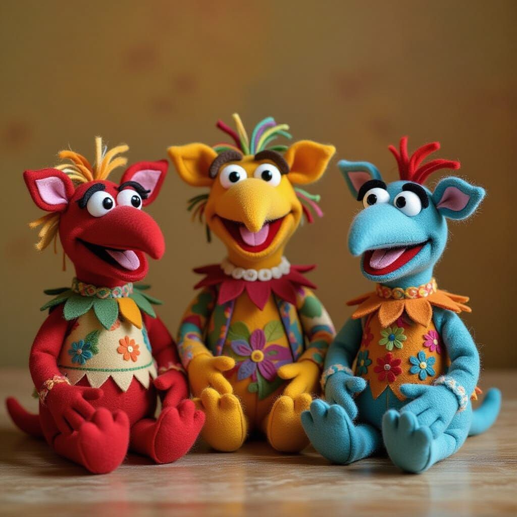 Vibrant Felt Hand Puppets in Whimsical Folk Art Style