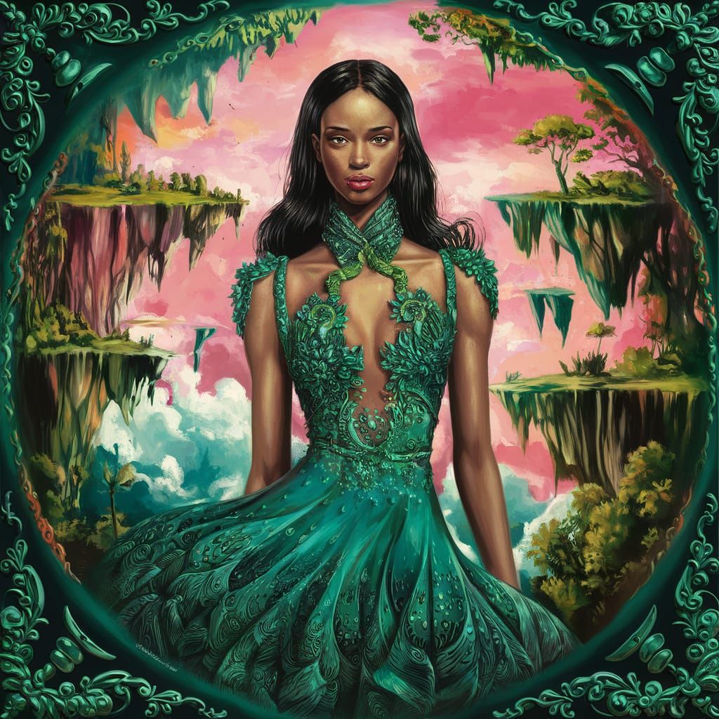 African American Woman in Stunning Oil Painting Fashion Cove...