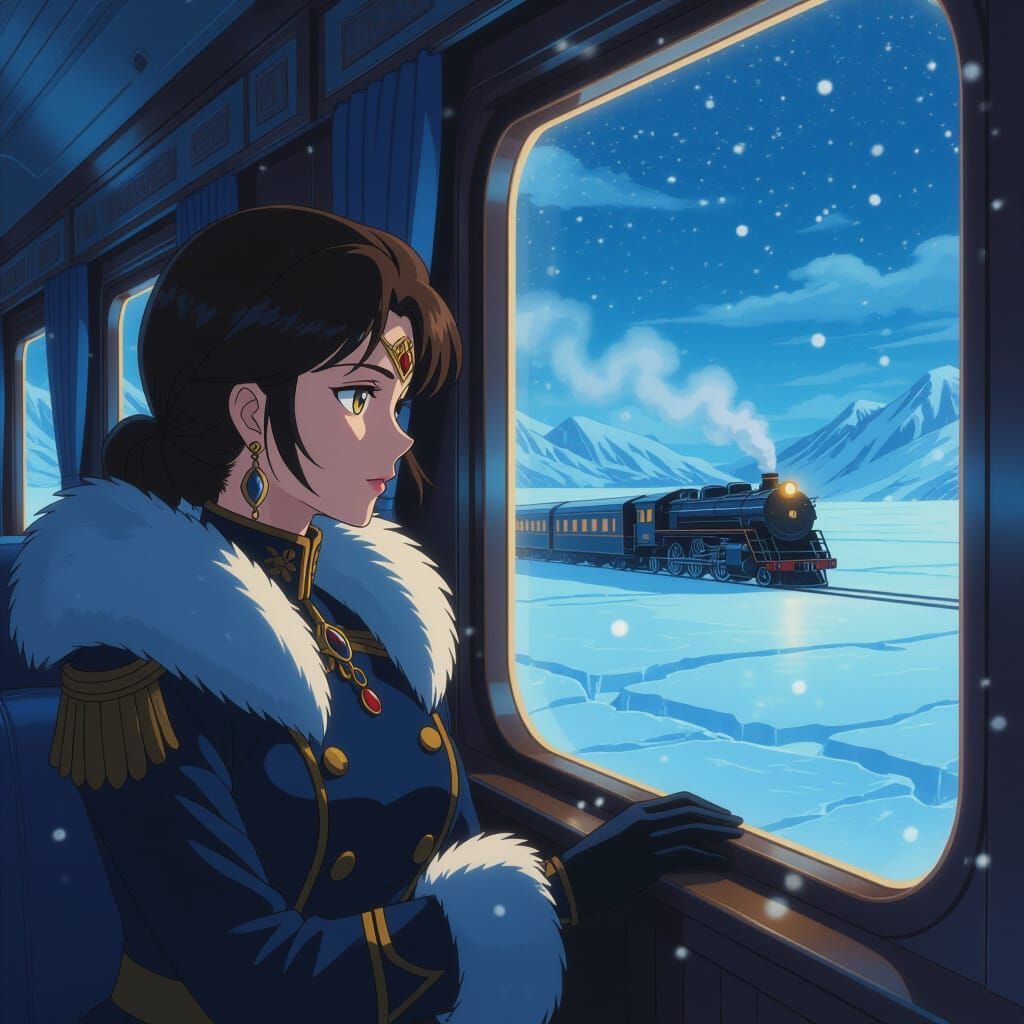Anime Admiral Gazes from Luxury Train on Snowy Plains