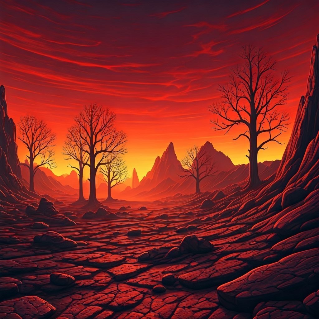 Dystopian Sci-Fi Landscape with Fire Red Sky