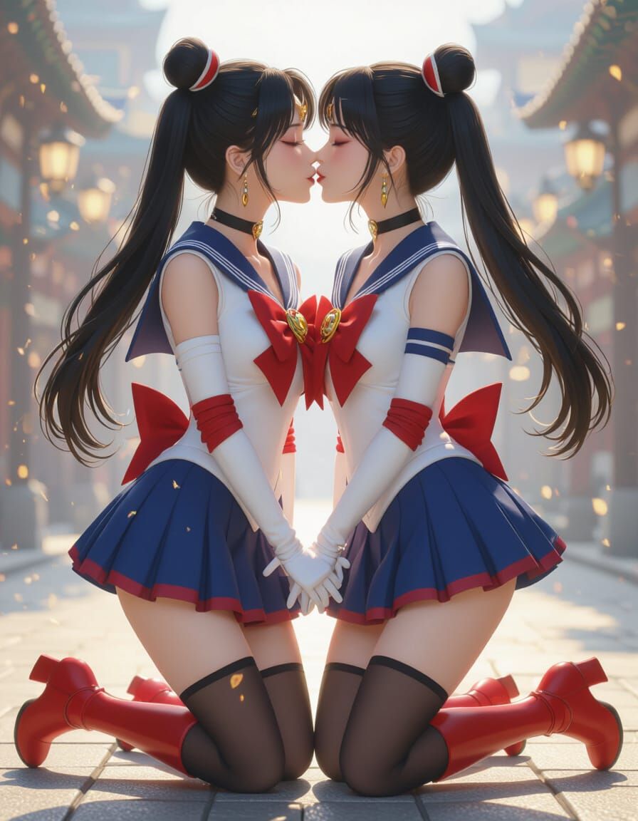 Two Cosplaying Women Share a Kiss in Anime Style