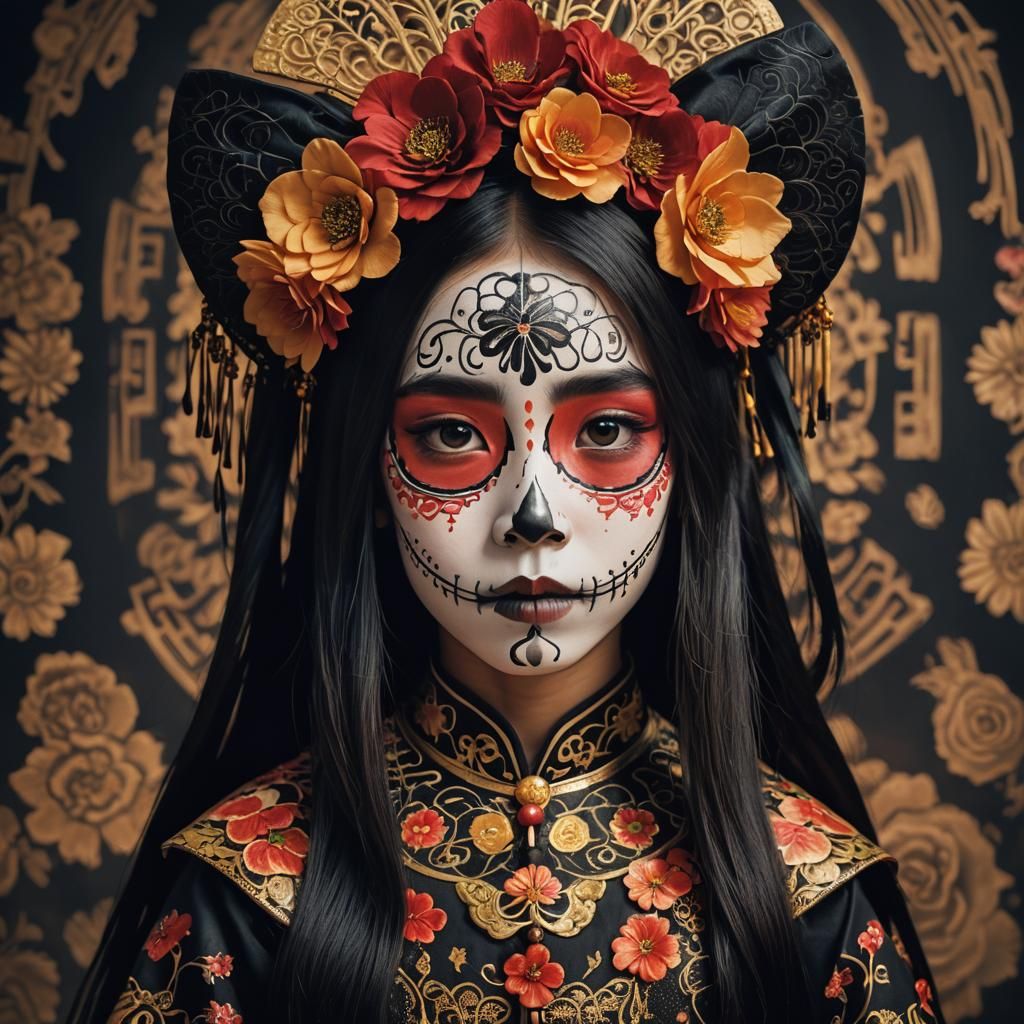 Hyper-Realistic Chinese Girl in Catrina Costume Portrait