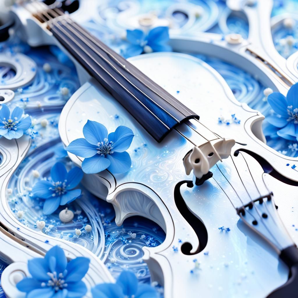 Holographic Violin with Flowers in Astral Illustration