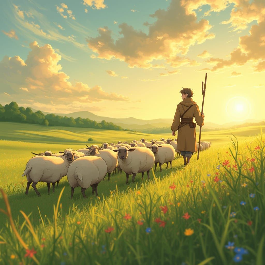 Sunset Shepherd Guiding Sheep: Ghibli Anime Style