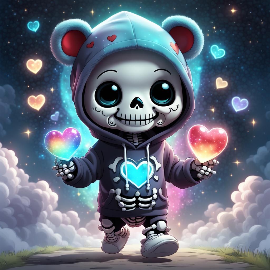 Chibi Skeleton with Heart in Dreamscape Background