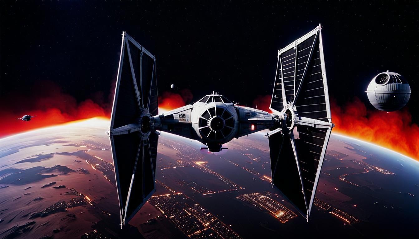 Imperial TIE Fighter Flying Near Death Star